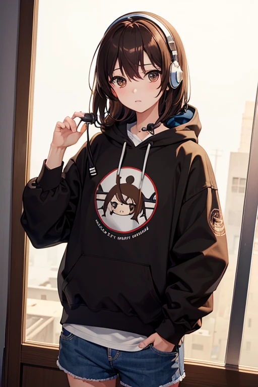 masterpiece, highest quality, High resolution,Anime Style、Brown Hair、Headphones on neck、Bukabuka hoodie、Shorts、Window、