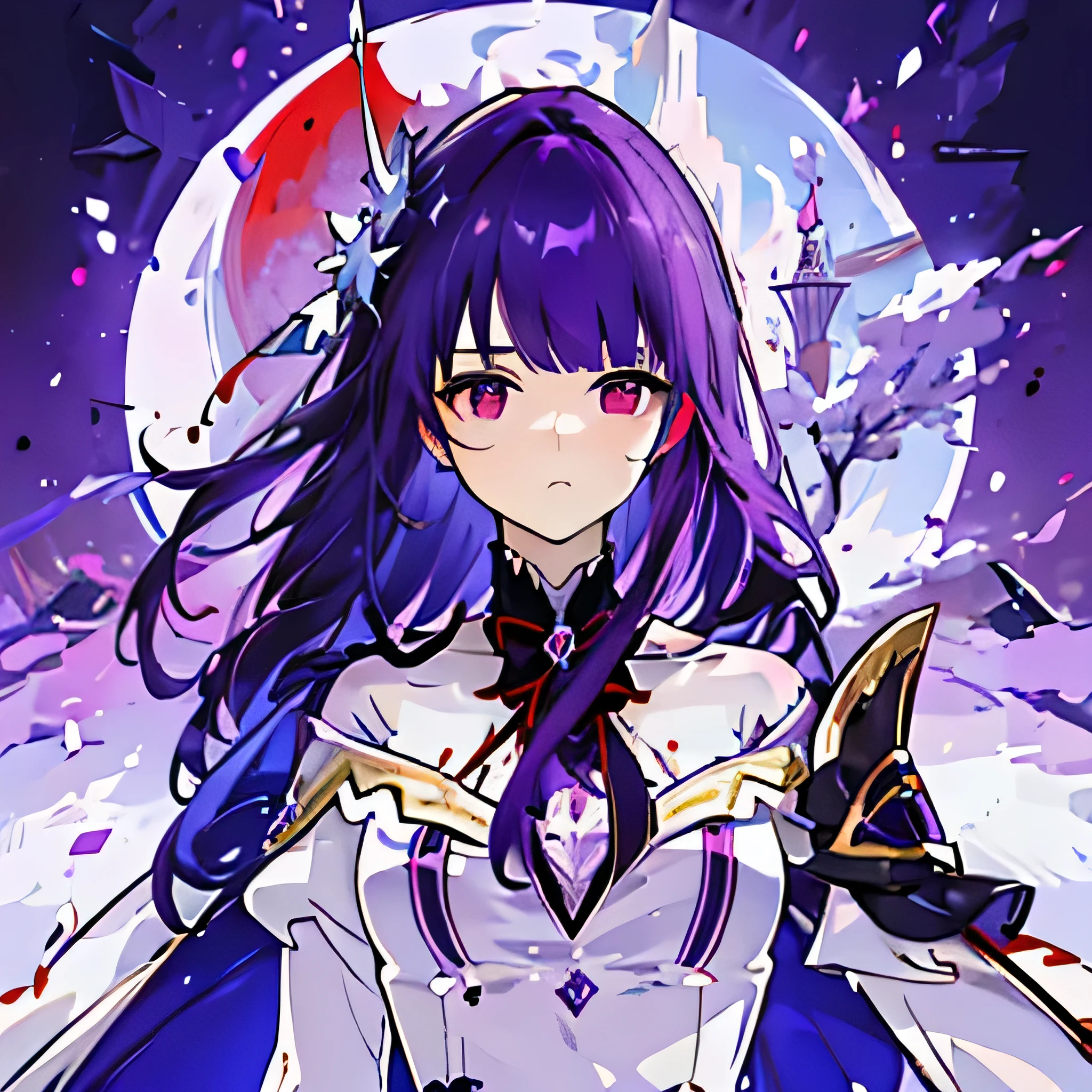 Best image quality, masterpiece level, ultra-high resolution, realism, fantasy theme, weapons, facial details, a girl, single, long hair, fairy tale theme, upper body, star and moon, clearly express sharp focus, expressionless, white clothes, dark purple hair, red bloody eyes, simple background. Purple them