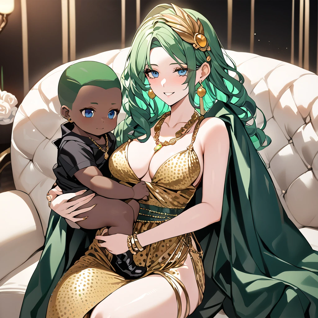 ((highest quality)), ((masterpiece)), (detailed), （Perfect Face）、((The woman is Lydia, a blue-eyed girl with long, lightly wavy, asymmetrical green hair, and is holding multiple black  daughters.))、The woman is wearing a gold hair ornament, a gorgeous headdress chain, a gorgeous necklace, gorgeous earrings, gorgeous bracelets, a gorgeous waist chain, and an engagement ring, and is holding a black human babyghter.、The woman is wearing a shiny gold spotted dress with a long slit, her entire outfit is gold spotted with shiny edges, long boots with fur, and a spotted cape with fur.、The woman is sitting on a luxurious sofa in a luxurious room with a happy smile on her face, cuddling up to the muscular black man and holding their baby daur.、The burly black guy has an engagement ring, a big fat dick and big balls、A burly black man is sitting on a luxurious sofa, embracing a woman and making love to her