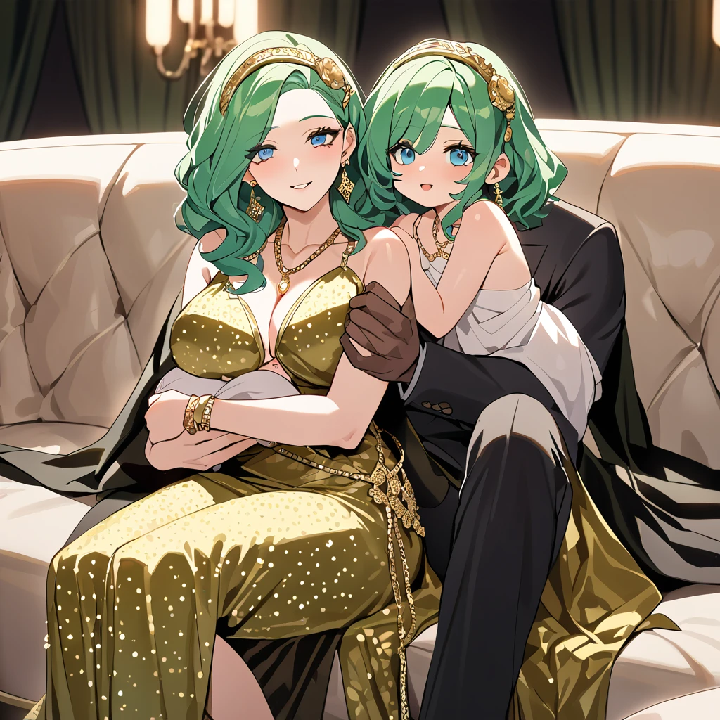 ((highest quality)), ((masterpiece)), (detailed), (Perfect Face)、((The woman is Lydia, a blue-eyed girl with long, lightly wavy, asymmetrical green hair, and is holding multiple black baby daughters.))、The woman is wearing a gold hair ornament, a gorgeous headdress chain, a gorgeous necklace, gorgeous earrings, gorgeous bracelets, a gorgeous waist chain, and an engagement ring, and is holding a black human baby daughter.、The woman is wearing a shiny gold spotted dress with a long slit, her entire outfit is gold spotted with shiny edges, long boots with fur, and a spotted cape with fur.、The woman is sitting on a luxurious sofa in a luxurious room with a happy smile on her face, cuddling up to the muscular black man and holding their baby daughter.、The burly black guy has an engagement ring, a big fat dick and big balls、A burly black man is sitting on a luxurious sofa, embracing a woman and making love to her