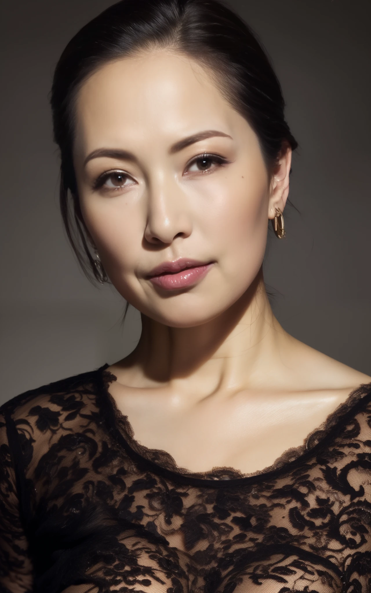 masterpiece,best quality, (one milf), ((portrait:1.5)), ((look down)), makeup:1.2, elegant raced black shirt, slicked back hair:1, ((seduction expression)),