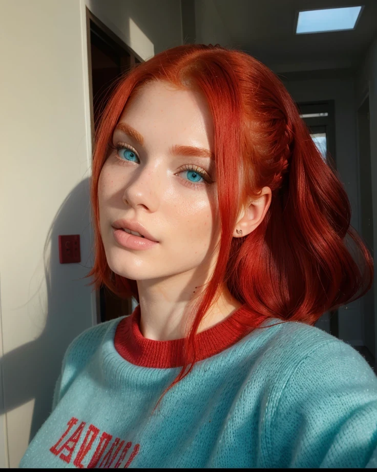 Red-haired woman with blue eyes and a red sweater., amoranto, better known as amoranto, young beautiful amoranto, Con cabello rojo, with pale skin, cabeza roja, Anna Nikonova aka Newmilky, Dyed Red Hair, Con cabello rojo and green eyes, yelena belova, pale, shiny skin, brillantemente coloreado, chica pelirroja, pelo rojo claro