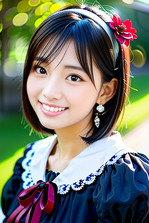 (Highest quality details:1.2), Realistic, 8K Ultra HD, High resolution, Fujifilm(Medium format), Hasselblad, Carl Zeiss, Incredible dynamic range photography(utility_art：Smoose-768:1.1), (One Girl:1.2), Super detailed, High quality textures, Intricate details, detailed, Very detailed CG, High Quality Shadows, detailed Beautiful and delicate face, detailed Beautiful and delicate eyes, Depth of written boundary, Ray Tracing, 18 years old, Cute Japanese Girl, Narrow Face, Glossy lips, Glowing Eyes, Glowing Eyes, Perfect body, View the viewer, (Jewelry Earrings), (Eye Color: Brown), (Bright red flower hair ornament), (Long white hair), (Layered Hairstyles), (Classic Gothic ta:1.5), Fashion Model Style, face close up, smile