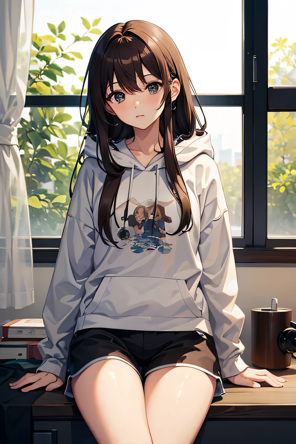 masterpiece, highest quality, High resolution,Anime Style、Brown Hair、long、Headphones on neck、Bukabuka hoodie、Shorts、Window、