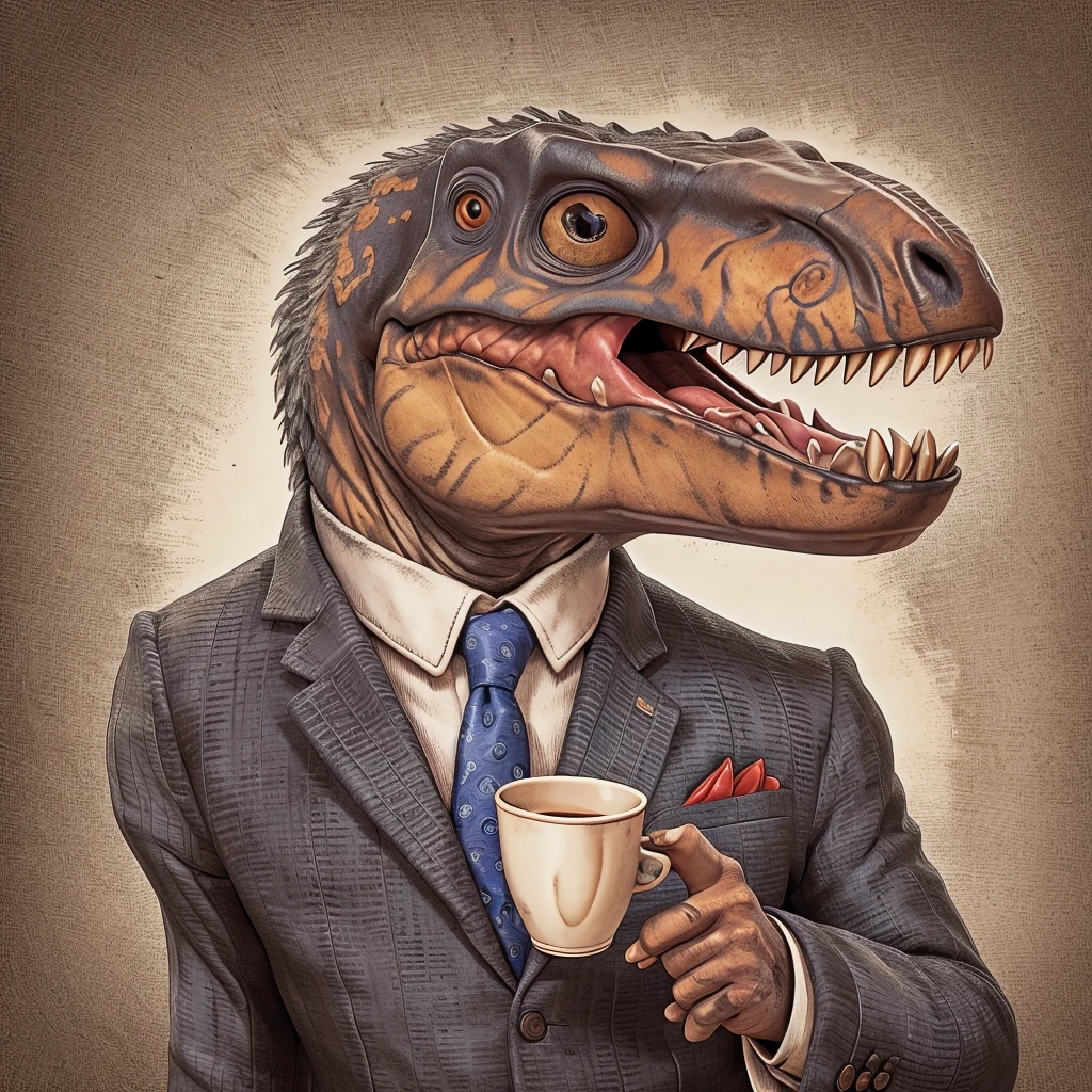 Face of a tyrannosaurus with human body in a suit and tie holding a cup of tea