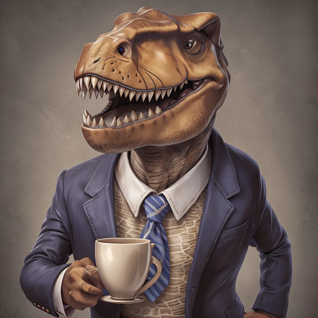 Face of a tyrannosaurus with human body in a suit and tie holding a cup of tea 