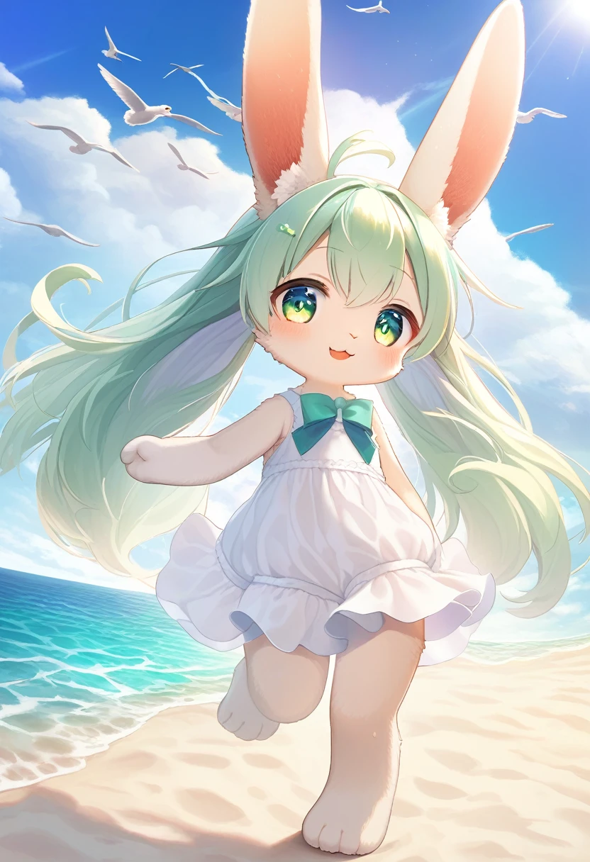 ((Masterpiece)), ((Best Quality)), (Very Detailed), (Very Detailed)), 4K, (8K), very aesthetic, absurdres, highres, 1 girl, furry, (kemono, anthropomorphic rabbit:1.3), Emerald green sea with white sandy beaches, highly transparent seawater, frolic on the sandy beach, blue skies and white clouds, sunshine pouring down, and seagulls flying in the sky, Beautiful sea views that give you a refreshing and soothing feeling.