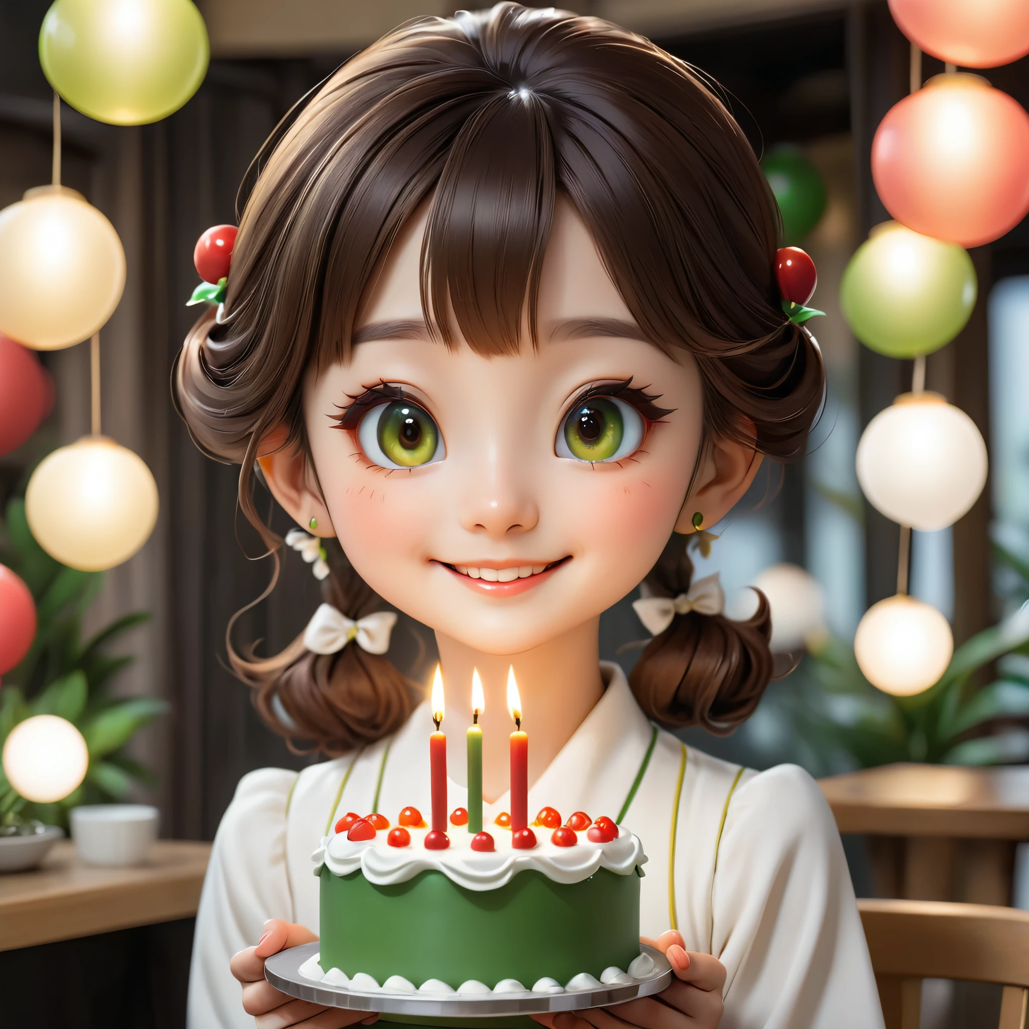  highest quality, 4K, High-end, Ultra-fine: 1.2), Realistic, Japanese Girlaya at age 3, Graceful Face, Beautiful fine details, Beautiful lip detail, Long eyelashes, Dark green, yellow green, white and red dress,White cafe employee hair accessory,Cafe clerk costume,Adeyaka,Two hands holding a birthday cake with lit candles,smile,Simple background,Brown eyes
