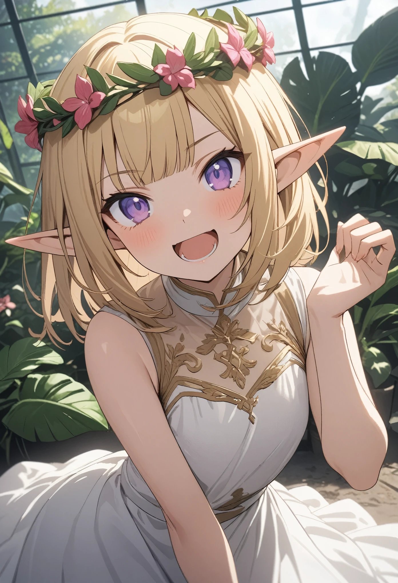 ((Masterpiece)), (Anime:1.3), ((best quality)), (super detail:1.2), (High Definition:1.3), (Professional Photography:1.2), ((12 years old)), (1girl), cute young girl, (shy and blush), blush, open mouth, (fang out), (Beautiful purple eyes:1.3), (Healthy body), elf girl, (Fine gemstone bracelets), (fine negligee), slim body, cute navel, (Asymmetric bangs:1.3), messy hair, (medium hair), ((beautiful blond hair)), shortpants, BREAK, ((best quality)), (super detail:1.2), (sexy pose), (On the rubbles), tree, outdoors, nature, forest, (sharp focus), (perfect light),
