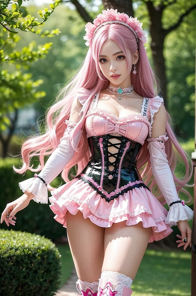 sexy stylish Swedish model, only 1 female, ((doll-like appearance)), long neon pink stylish hair, ((shiny Victorian-Style boots)), beautiful smile, ultra detailed eyes, vivid eye makeup, lipgloss, long lashes, defined eyebrows, ((sexy Paradise Kiss cosplay)), bell-shaped skirt, petticoats, high neckline, puffed sleeves, (( ultra detailed lace)), ((ultra detailed embroidery)), intricate details, Paradise Kiss accessoires and matching headpiece, choker, ((large sparkling Paradise Kiss jewelry)), cinematic light, detailed large park background with trees 