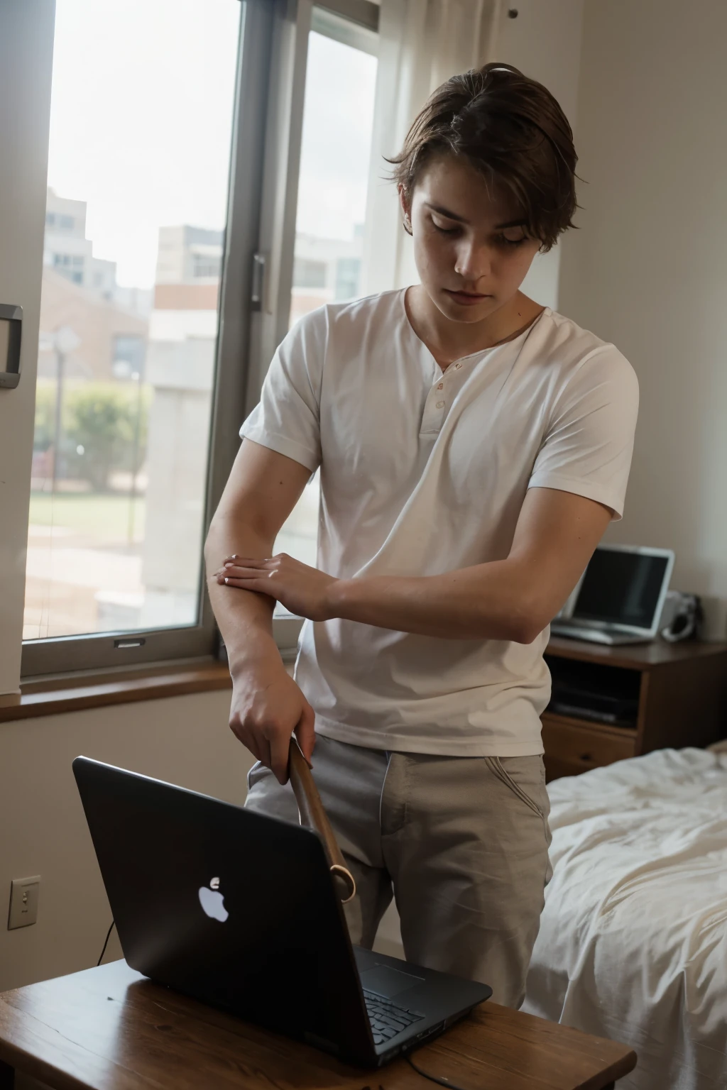 A young adult with a university student profile breaking a laptop with a baseball bat in his room