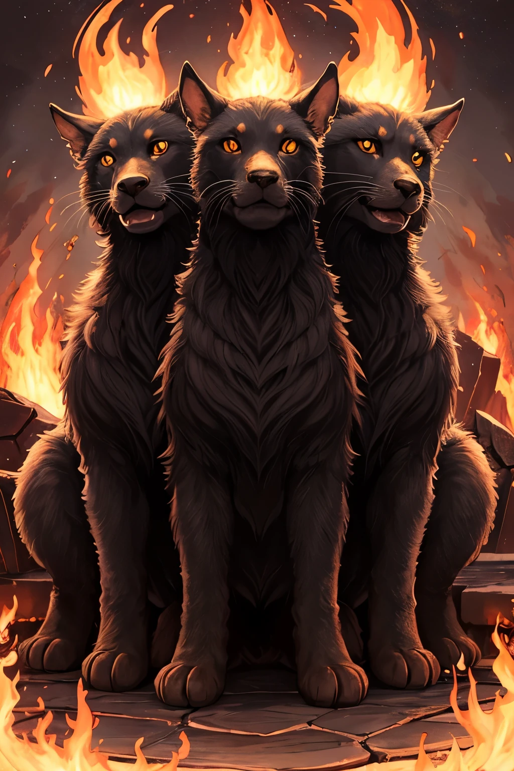 large three headed Cerberus with fire and lava surrounding it with a single gem on each of it's heads