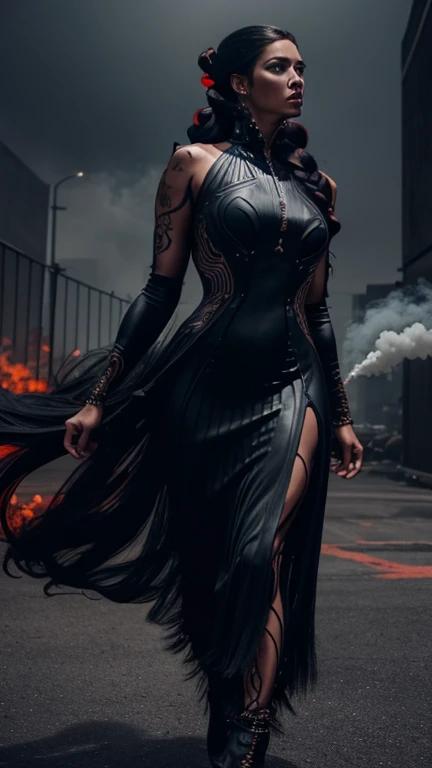 4k realistic ultra detailed photography of an athletic demonic woman, demonic woman wearing a maxi leather dress, hairstyle is a crazy braided hairstyle, demonic woman in a menacing moving standing model pose, photo background is a wall of smoke with black roses coming out of it, mood of the photography is gloomy