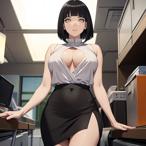 (masterpiece), anime, Best quality, good anatomy, one girl, Hinata Hyuga, (full height), white eyes, Big breasts, realistic face, gloomy face, Looking down, dark hair, short haircut, navel ,bare shoulders, tight black top, decollete, black pencil skirt, tall legs, beautiful legs, office, Reflectors, 8K masterpiece, super detail, film movie, best quality, best ditails, detailed face, detailed eyes, camera from bellow