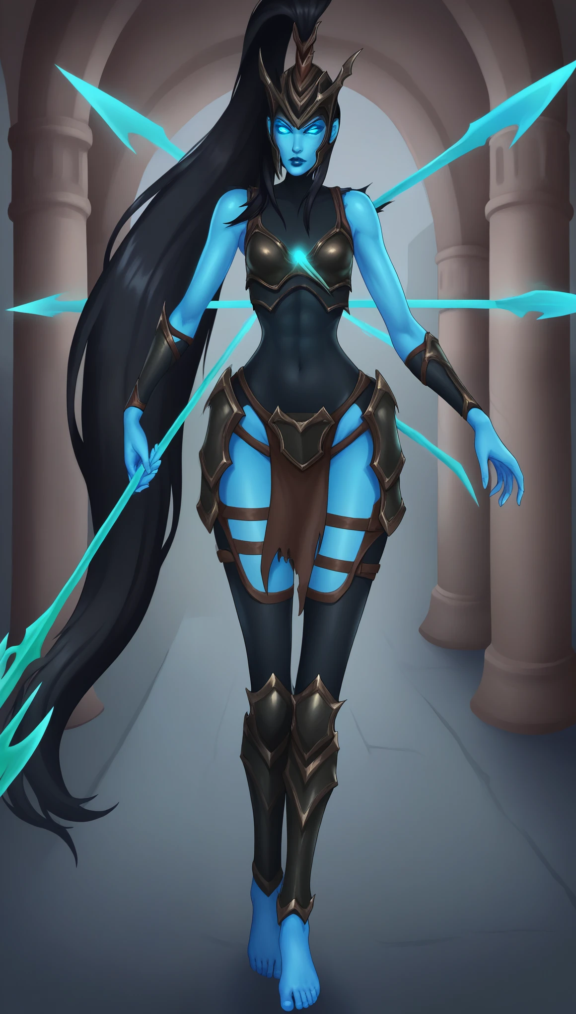 KalistaLoLXL, blue sclera, colored sclera, blue lips, blue eyes, glowing eyes, black hair, long hair, helmet with very long ponytail, blue skin, colored skin, small breasts, spear, armor, breadchest, bare shoulders, bodysuit only shirt, black bodysuit shirt, (armor covered chest), spears pierced, guantlets, loincloth, hips armor, thigh vent, greaves, barefoot, solo, standing, looking at viewer, indoors