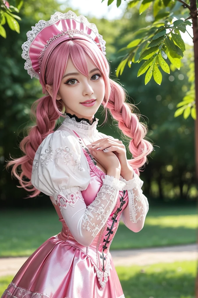 sexy stylish Swedish model, only 1 female, ((doll-like appearance)), long neon pink stylish hair, ((shiny Victorian-Style boots)), (big smile), ultra detailed eyes, vivid eye makeup, lipgloss, long lashes, defined eyebrows, ((sexy Paradise Kiss cosplay)), bell-shaped skirt, petticoats, high neckline, puffed sleeves, (( ultra detailed lace)), ((ultra detailed embroidery)), intricate details, Paradise Kiss accessoires and matching headpiece, choker, ((large sparkling Paradise Kiss jewelry)), cinematic light, detailed large park background with trees