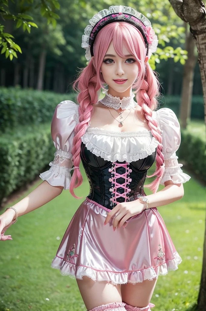 sexy stylish Swedish model, only 1 female, ((doll-like appearance)), long neon pink stylish hair, ((shiny Victorian-Style boots)), (big smile), ultra detailed eyes, vivid eye makeup, lipgloss, long lashes, defined eyebrows, ((sexy Paradise Kiss cosplay)), bell-shaped skirt, petticoats, high neckline, puffed sleeves, (( ultra detailed lace)), ((ultra detailed embroidery)), intricate details, Paradise Kiss accessoires and matching headpiece, choker, ((large sparkling Paradise Kiss jewelry)), cinematic light, detailed large park background with trees 