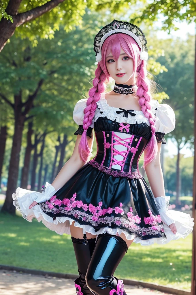 sexy stylish Swedish model, only 1 female, ((doll-like appearance)), long neon pink stylish hair, ((shiny Victorian-Style boots)), (big smile), ultra detailed eyes, vivid eye makeup, lipgloss, long lashes, defined eyebrows, ((sexy Paradise Kiss cosplay)), bell-shaped skirt, petticoats, high neckline, puffed sleeves, (( ultra detailed lace)), ((ultra detailed embroidery)), intricate details, Paradise Kiss accessoires and matching headpiece, choker, ((large sparkling Paradise Kiss jewelry)), cinematic light, detailed large park background with trees 