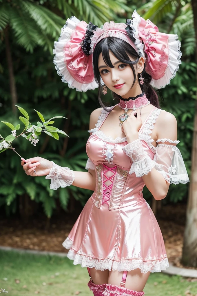 sexy stylish Spanish model, only 1 female, ((doll-like appearance)), long neon pink stylish hair, ((ultra detailed Victorian-Style boots)), ((big smile)), ultra detailed eyes, vivid eye makeup, lipgloss, long lashes, defined eyebrows, ((sexy Paradise Kiss cosplay)), bell-shaped skirt, petticoats, high neckline, puffed sleeves, (( ultra detailed lace)), ((ultra detailed embroidery)), intricate details, Paradise Kiss accessoires and matching headpiece, choker, ((large sparkling Paradise Kiss jewelry)), cinematic light, detailed large park background with trees