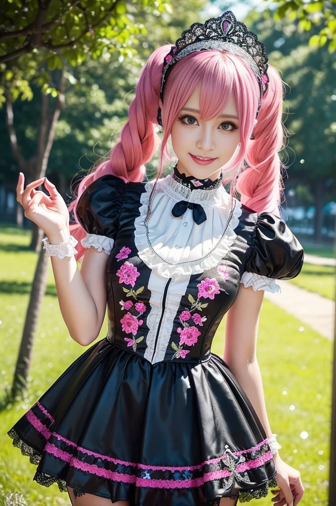 sexy stylish Swedish model, only 1 female, ((doll-like appearance)), long neon pink stylish hair, ((shiny Victorian-Style boots)), (big smile), ultra detailed eyes, vivid eye makeup, lipgloss, long lashes, defined eyebrows, ((sexy Paradise Kiss cosplay)), bell-shaped skirt, petticoats, high neckline, puffed sleeves, (( ultra detailed lace)), ((ultra detailed embroidery)), intricate details, Paradise Kiss accessoires and matching headpiece, choker, ((large sparkling Paradise Kiss jewelry)), cinematic light, detailed large park background with trees