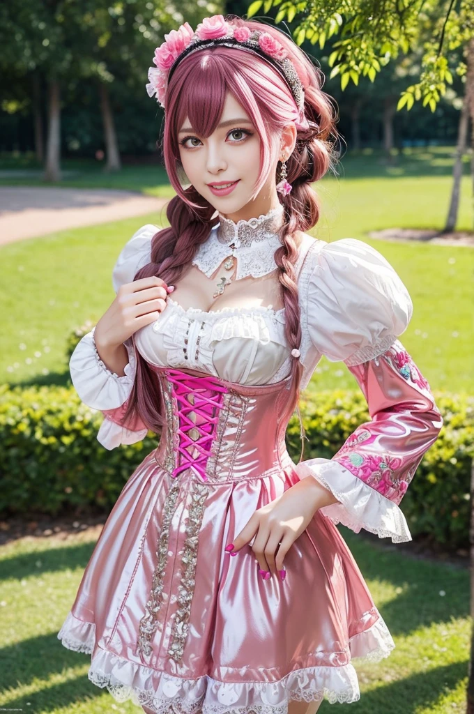 sexy stylish Swedish model, only 1 female, ((doll-like appearance)), long neon pink stylish hair, ((shiny Victorian-Style boots)), (big smile), ultra detailed eyes, vivid eye makeup, lipgloss, long lashes, defined eyebrows, ((sexy Paradise Kiss cosplay)), bell-shaped skirt, petticoats, high neckline, puffed sleeves, (( ultra detailed lace)), ((ultra detailed embroidery)), intricate details, Paradise Kiss accessoires and matching headpiece, choker, ((large sparkling Paradise Kiss jewelry)), cinematic light, detailed large park background with trees