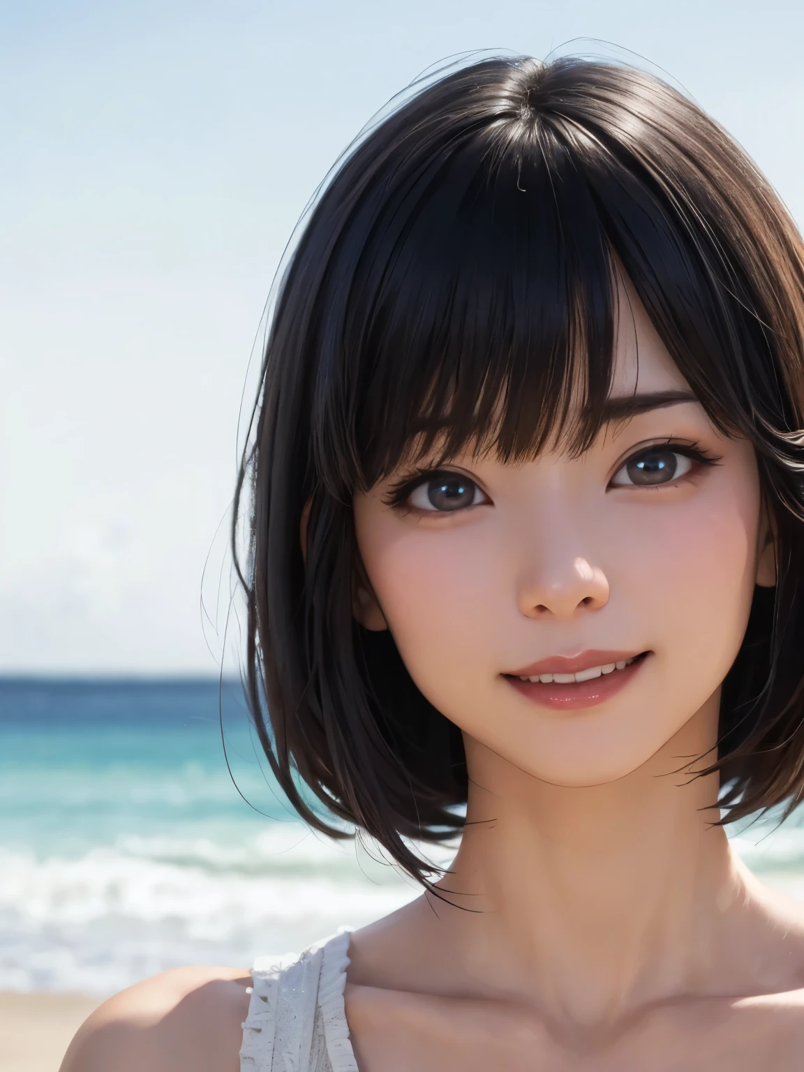 1 girl、highest quality、Realistic、alone、Written boundary depth、Natural soft light、Daytime、charm、Beautiful Face、Cleanliness、Pure Face、White skin、cute、short hair、prohibit、Beach、Light of the sun、Nedium Breast Body Esbian、((セーターを着たBeautiful Faceの黄金比 対称性のあるBeautiful Face))、Long neck、Listen carefully、prohibitのあるきれいな短いボブヘア、Laugh with your mouth closed、Perfect hands指、Perfect hands、Perfect body、Perfect Face、Shine a light into your eyes、Perfect Anatomy:1.4、とてもcuteスーパーモデル:1.4、{Huge|big|Hugeな|Mega} chest:2, chestの谷間:2