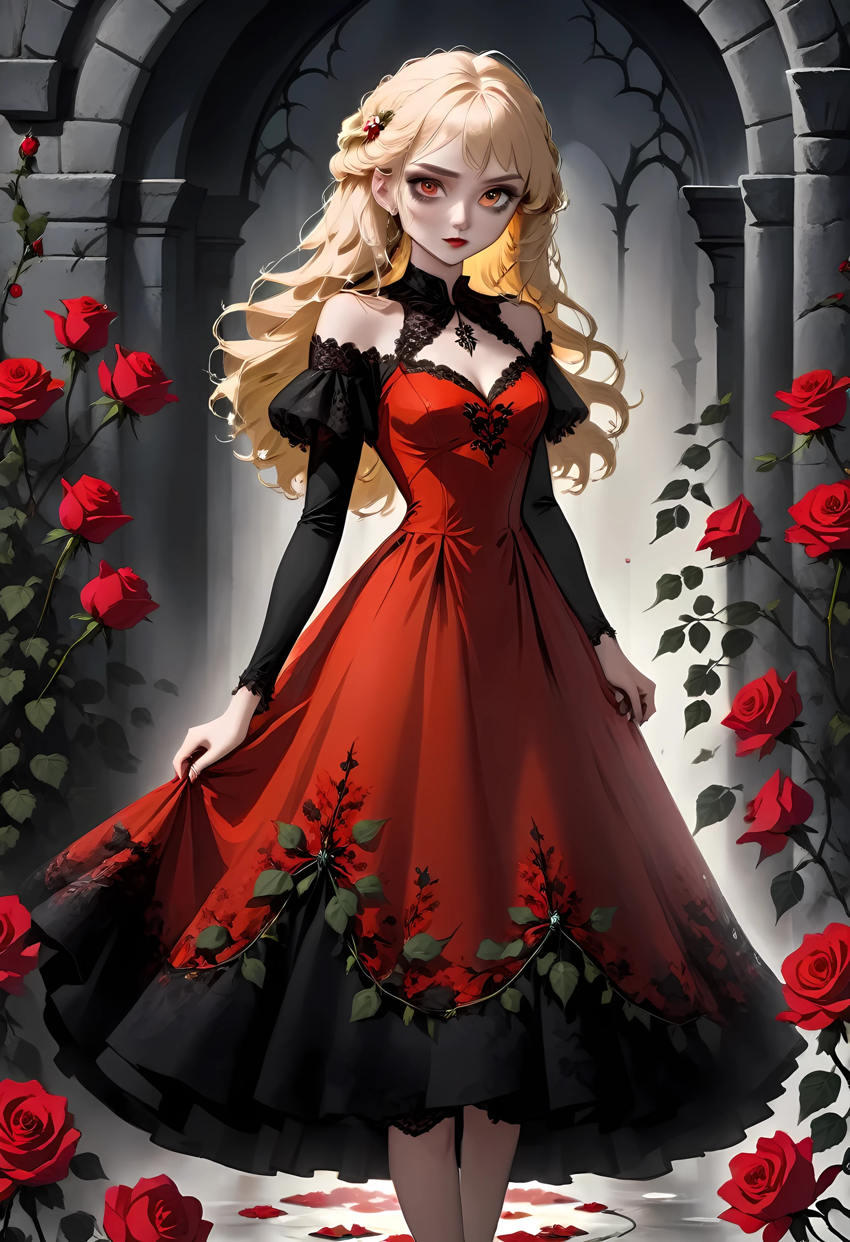 Dark fantasy art, fantasy art, goth art, a picture of a female vampire, exquisite beauty, full body shot, dark glamour shot, pale white skin, blond hair, long hair, wavy hair, (glowing grey: 1.3) eyes, she wears a (red: 1.3) red dress, ArmoredDress, the roses are imprinted on the dress (black: 1.4) black roses betmd, high heells, dark castle porchm, dark, black and colorm, Dark Art Painting Style, flower dress