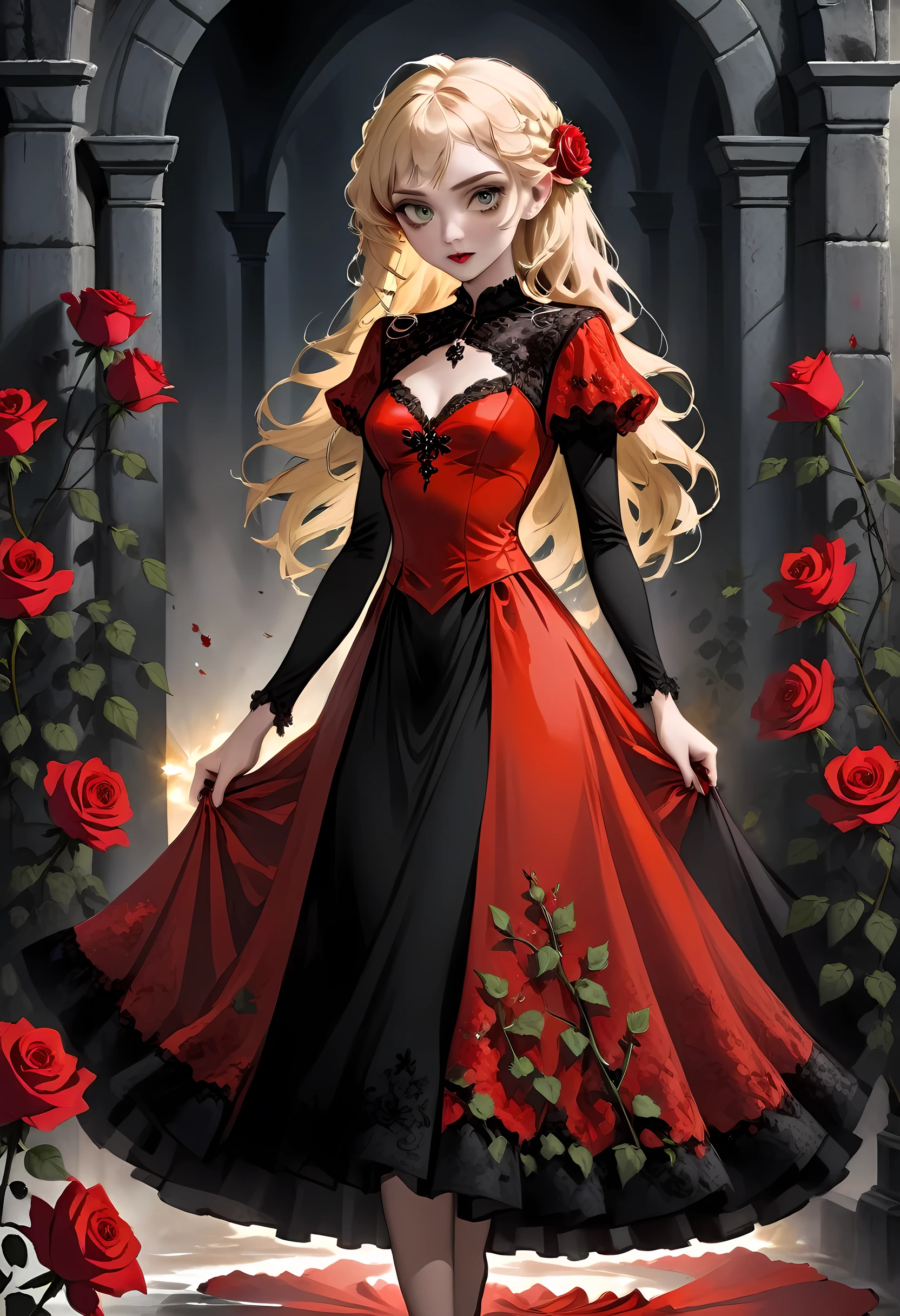 Dark fantasy art, fantasy art, goth art,  a picture of a female vampire, exquisite beauty, full body shot, dark glamour shot,  pale white skin, blond hair, long hair, wavy hair, (glowing grey: 1.3) eyes,  she  wears a (red: 1.3) red dress, ArmoredDress, the roses are imprinted on the dress (black: 1.4)  black roses betmd, high heells, dark castle porchm, dark, black and colorm, Dark Art Painting Style, flower dress