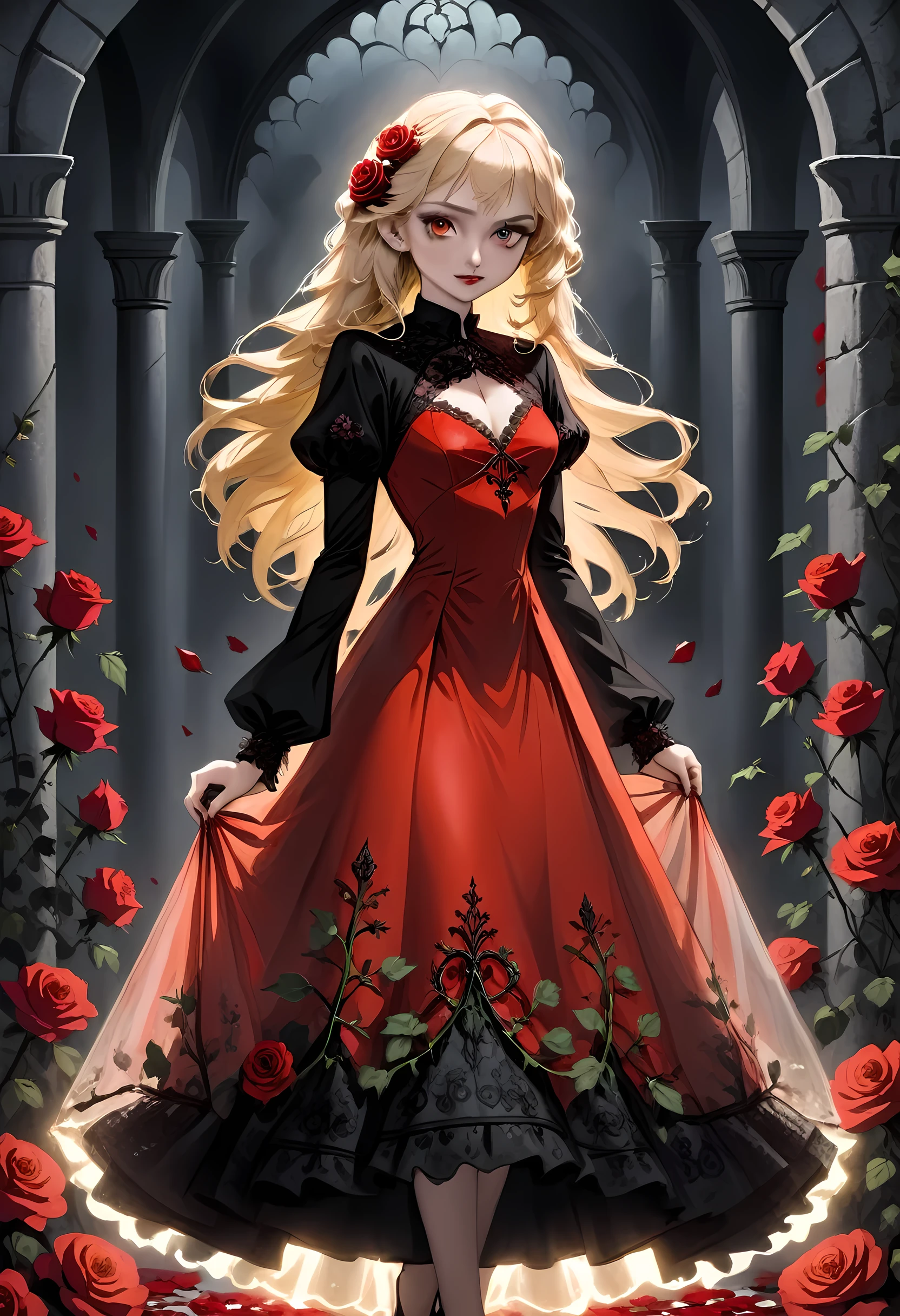 Dark fantasy art, fantasy art, goth art,  a picture of a female vampire, exquisite beauty, full body shot, dark glamour shot,  pale white skin, blond hair, long hair, wavy hair, (glowing grey: 1.3) eyes,  she  wears a (red: 1.3) red dress, ArmoredDress, the roses are imprinted on the dress (black: 1.4)  black roses betmd, high heells, dark castle porchm, dark, black and colorm, Dark Art Painting Style, flower dress