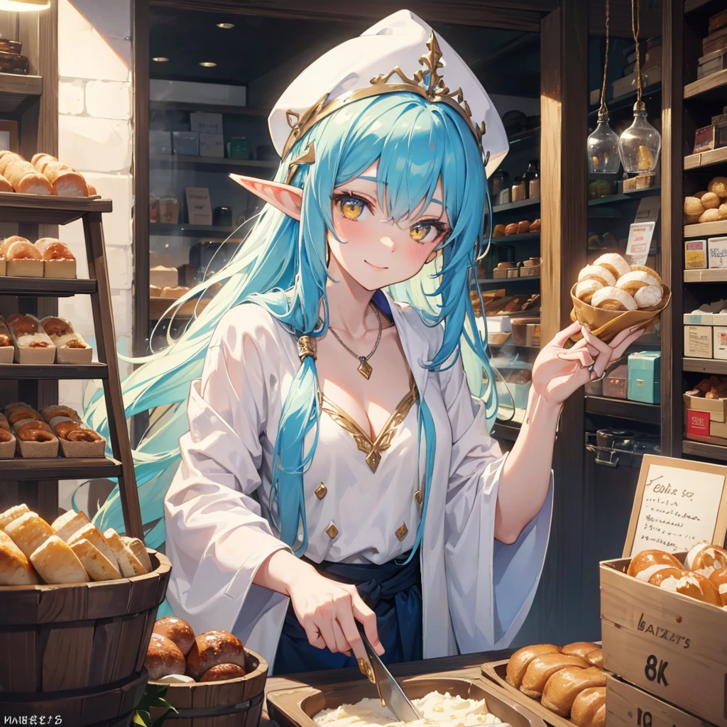 A sexy girl half elf wizard, White wizard robe, wizard hat, yellow eyes, bright blue hair colour, vegetable in hand, Bakery Shop background,8k, masterpiece, best quality, highly detailed, one girl, half-elf, solo, long straight hair, wearing necklace, gorgeous, friendly, sad smile,sexy, close ups view, rings, looking at viewer, alone, alone, cooking,