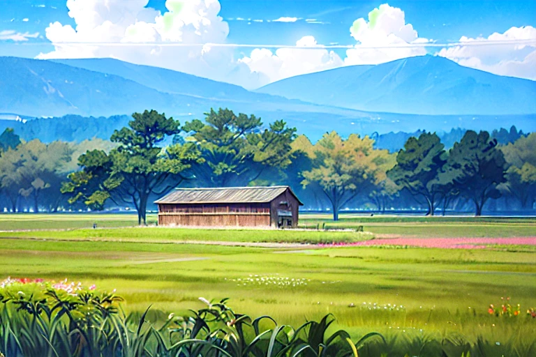 (((最high quality))), Manga style, no_Home, Faraway Home, cloud, cloudy_null, Ghibli, Grass is overgrown, no_human, river, Rural Scenery, null, wood, Realistic, beautifully、Amazing scenery oil painting 小麦畑 in Ghibli Studio Miyazaki with blue null and white clouds、Flower Field, Landscape RAW photos、detailed、Photorealistic、Ultra-realistic photos、8K Ultra HD、Digital SLR、Soft lighting、high quality、Film Grain、Fujifilm XT3、(masterpiece) --v6