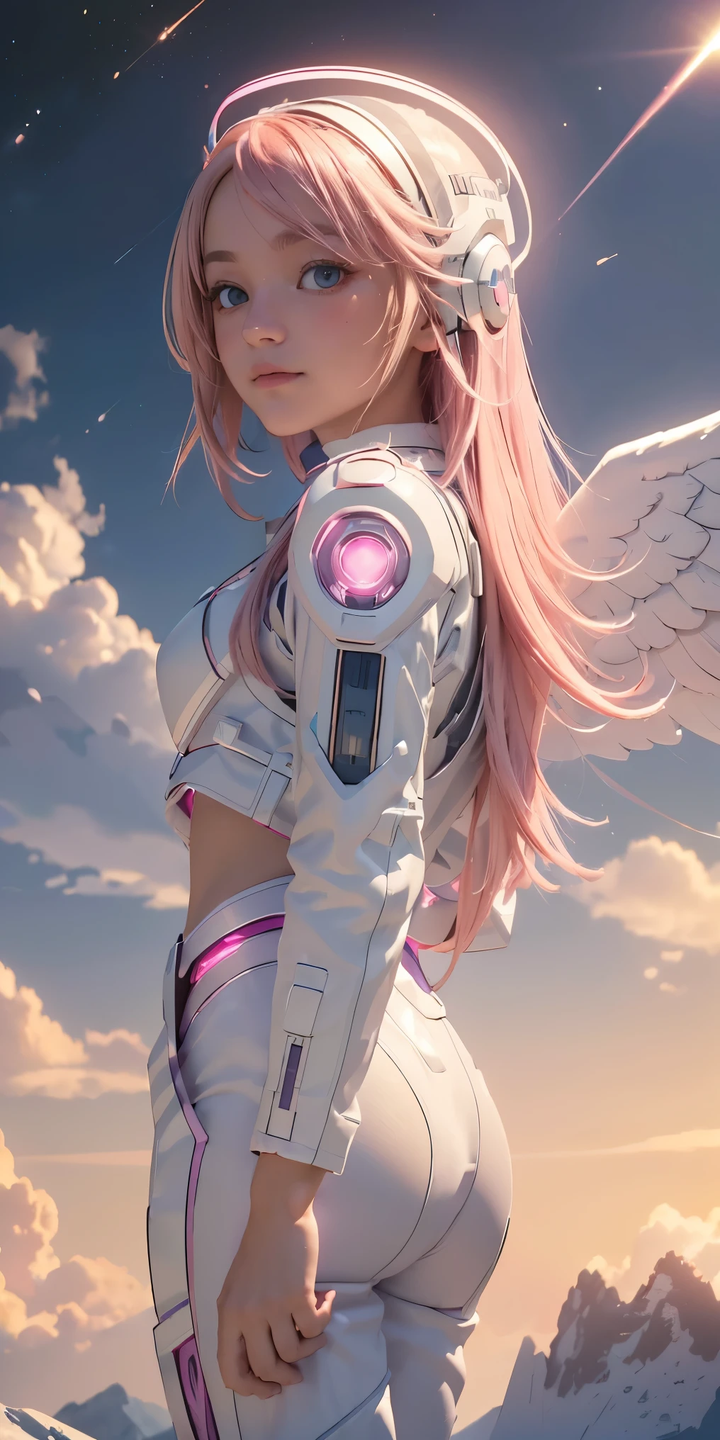 ((masterpiece, best quality, extremely detailed), volumetric lighting, ambient occlusion, colorful, glowing), 
1girl, solo, young girl, (pink hair), long hair, halo, aura, sacred, godness, cyber suit, (white outfit:1.3), android, bot, angel wings,
outdoors, sunset, sky, clouds, space, (cyberpunk theme:1.2),