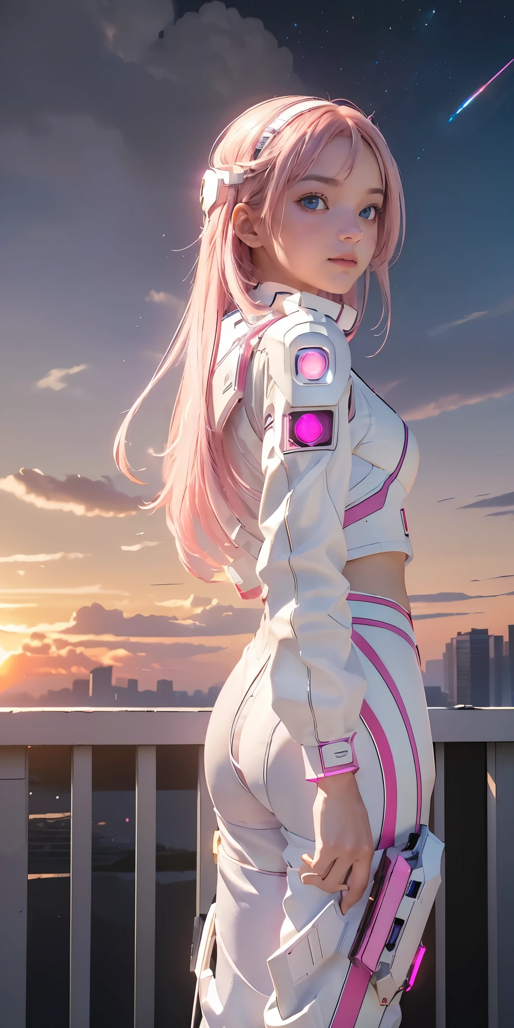 ((masterpiece, best quality, extremely detailed), volumetric lighting, ambient occlusion, colorful, glowing), 
1girl, solo, young girl, (pink hair), long hair, halo, aura, sacred, godness, cyber suit, (white outfit:1.3), android, bot, angel wings,
outdoors, sunset, sky, clouds, space, (cyberpunk theme:1.2),