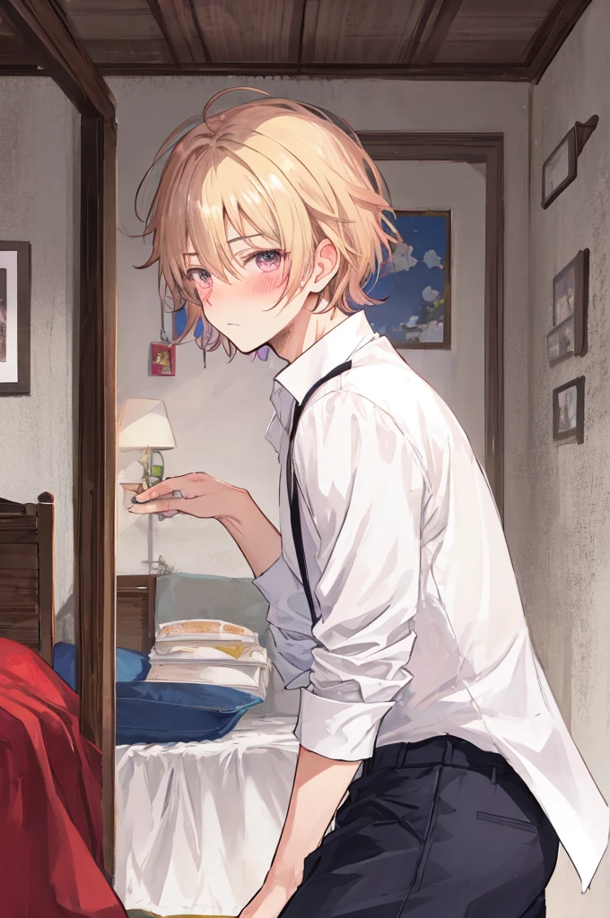 Fairy Tale Style,A man,A prince,adult,Adults,(Ultra-short hair),short layered cut,blush,bedroom,
