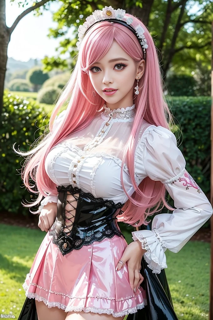 sexy stylish Swedish model, only 1 female, ((doll-like appearance)), long neon pink stylish hair, ((shiny Victorian-Style boots)), (big smile), very detailed eyes, very detailed eye makeup, lipgloss, long lashes, defined eyebrows, ((sexy Paradise Kiss cosplay)), bell-shaped skirt, petticoats, high neckline, puffed sleeves, (( ultra detailed lace)), ((ultra detailed embroidery)), intricate details, Paradise Kiss accessoires and matching headpiece, choker, ((large sparkling Paradise Kiss jewelry)), cinematic light, detailed large park background with trees 