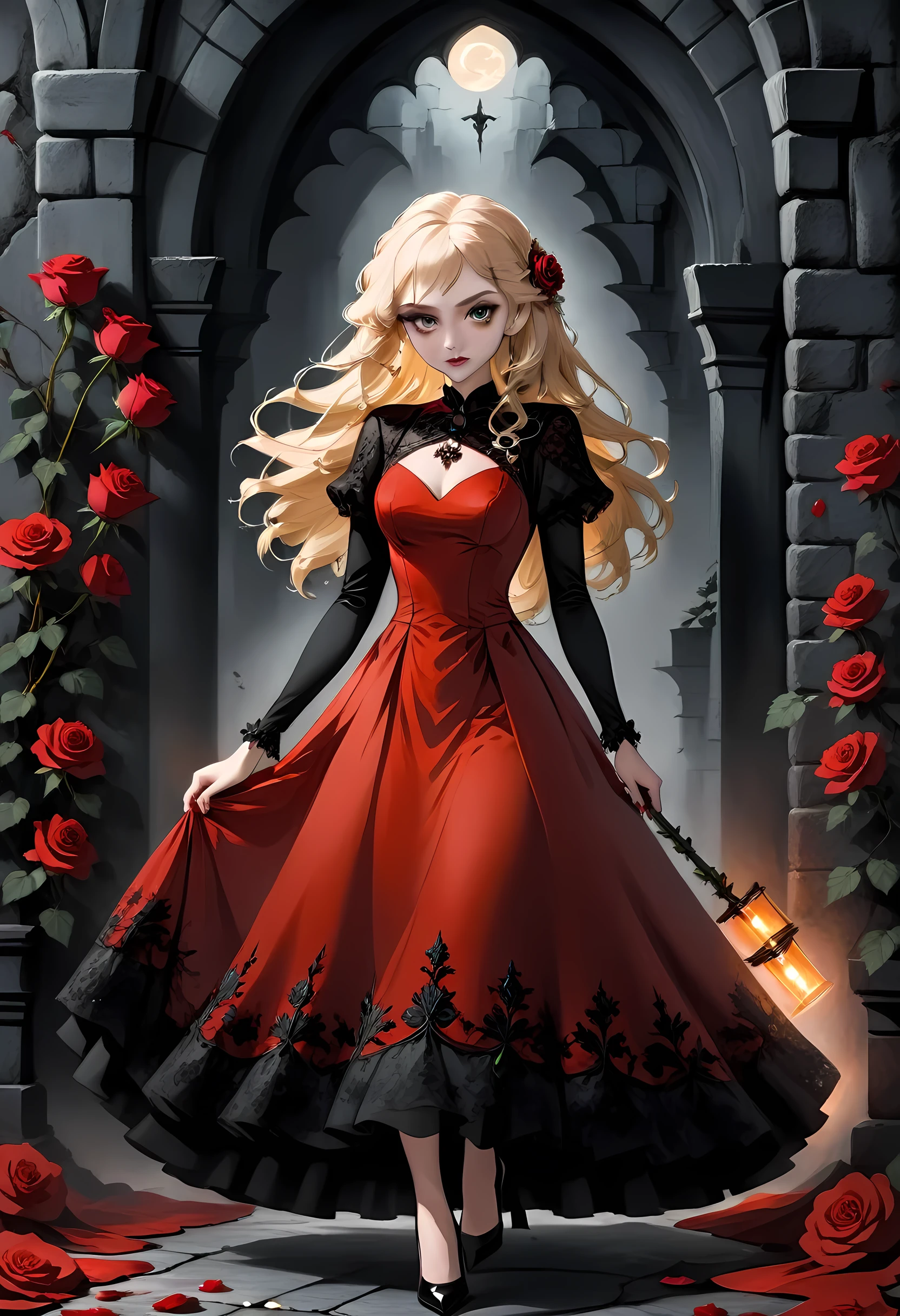 Dark fantasy art, fantasy art, goth art, a picture of a female vampire, exquisite beauty, full body shot, dark glamour shot, pale white skin, blond hair, long hair, wavy hair, (glowing grey: 1.3) eyes, she wears a (red: 1.3) red dress, ArmoredDress, the roses are imprinted on the dress (black: 1.4) black roses, high heels, dark castle, dark, black and color, Dark Art Painting Style, flower dress
