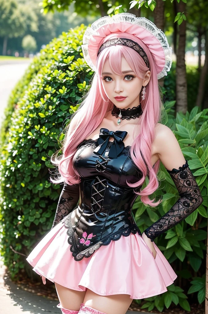 sexy stylish Swedish model, only 1 female, ((doll-like appearance)), long neon pink stylish hair, ((shiny Victorian-Style boots)), (big smile), very detailed eyes, very detailed eye makeup, lipgloss, long lashes, defined eyebrows, ((sexy Paradise Kiss cosplay)), bell-shaped skirt, petticoats, high neckline, puffed sleeves, (( ultra detailed lace)), ((ultra detailed embroidery)), intricate details, Paradise Kiss accessoires and matching headpiece, choker, ((large sparkling Paradise Kiss jewelry)), cinematic light, detailed large park background with trees