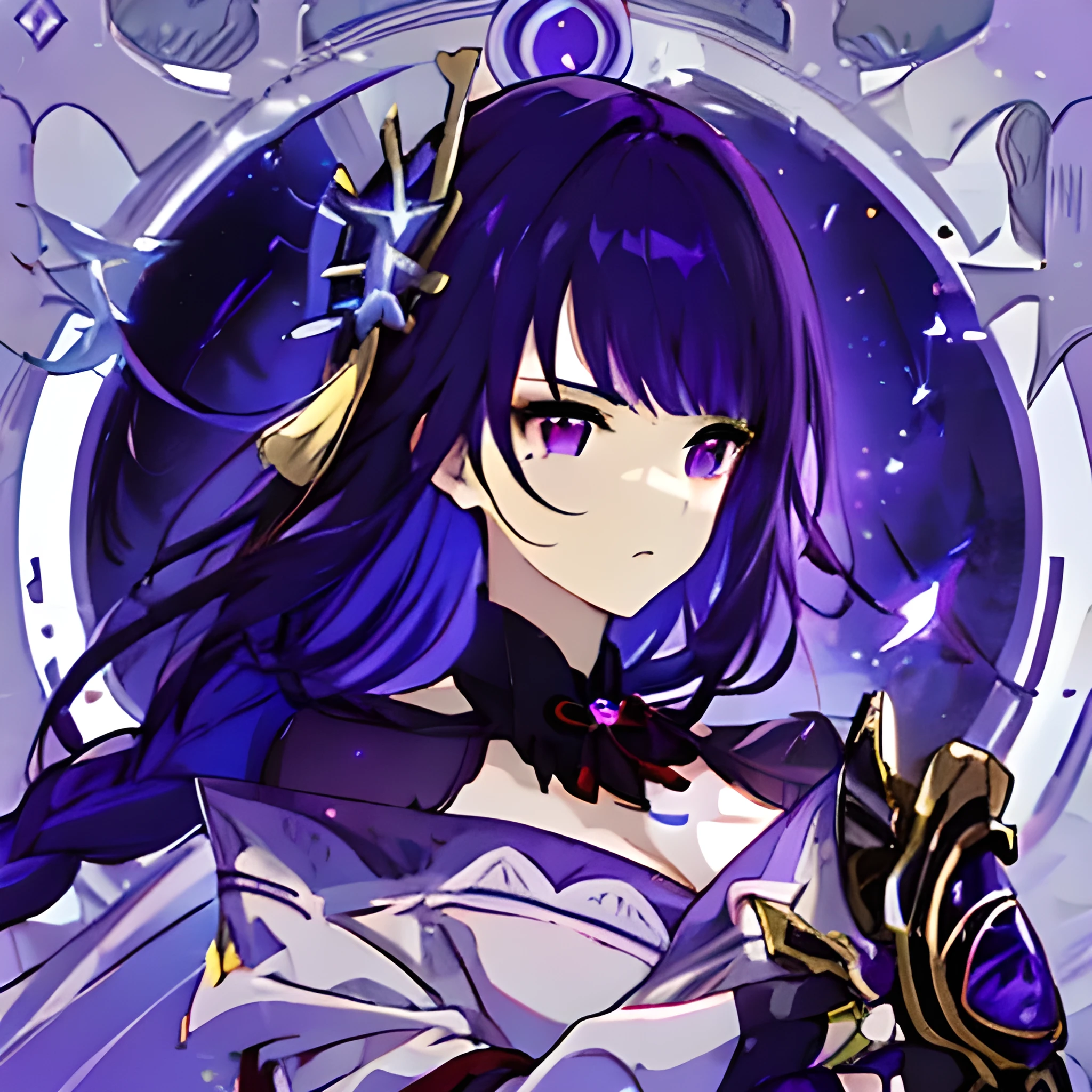 Best image quality, masterpiece level, ultra-high resolution, realism, fantasy theme, weapons, facial details, a girl, single, long hair, fairy tale theme, full body, star and moon,  clearly express sharp focus, expressionless,dark purple hair, red bloody eyes, simple background. Purple them