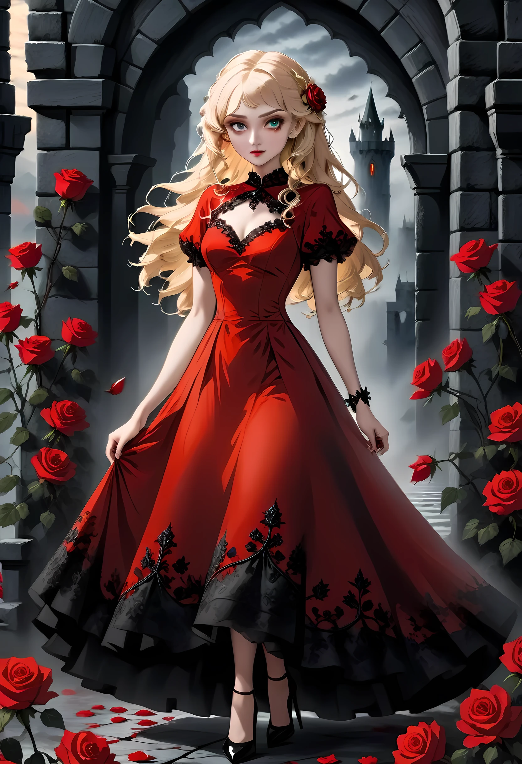 Dark fantasy art, fantasy art, goth art,  a picture of a female vampire, exquisite beauty, full body shot, dark glamour shot,  pale white skin, blond hair, long hair, wavy hair, (glowing grey: 1.3) eyes,  she  wears a (red: 1.3) red dress, ArmoredDress, the roses are imprinted on the dress (black: 1.4)  black roses, high heels, dark castle, dark, black and color, Dark Art Painting Style, flower dress