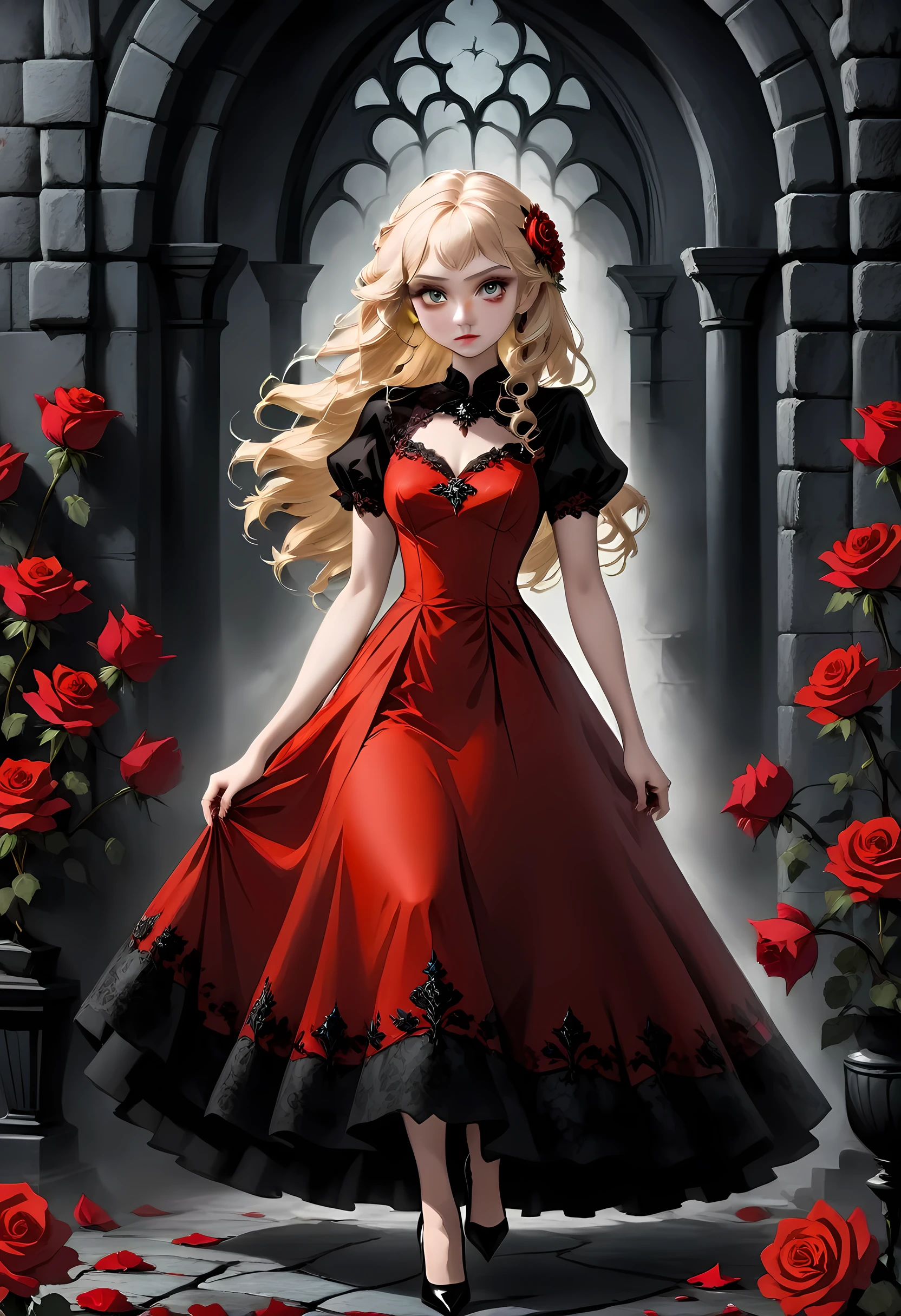 Dark fantasy art, fantasy art, goth art,  a picture of a female vampire, exquisite beauty, full body shot, dark glamour shot,  pale white skin, blond hair, long hair, wavy hair, (glowing grey: 1.3) eyes,  she  wears a (red: 1.3) red dress, ArmoredDress, the roses are imprinted on the dress (black: 1.4)  black roses, high heels, dark castle, dark, black and color, Dark Art Painting Style, flower dress