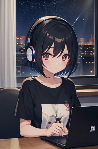 Japanese anime style、pretty girl、Headphones on、Bob Hair、Black Hair、T-Shirts、Working on a computer in a room、There is a cup of coffee next to it、night、Outside the window is a starry sky、night景