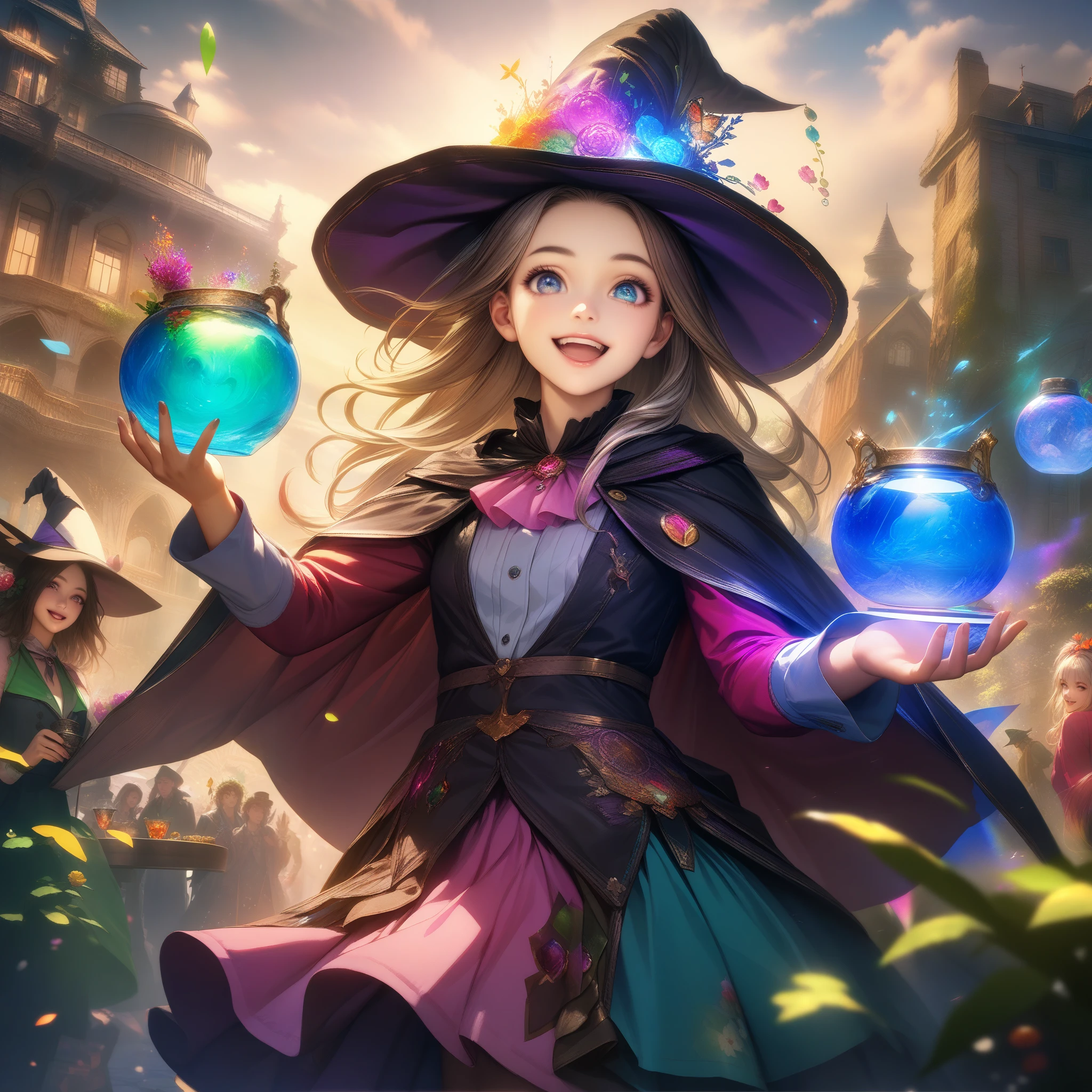 32k, best quality, ultra high res, HDR, UHD, extremely detailed CG, unity 32k wallpaper, masterpiece, highest quality, magic使いのティーパーティー, magic tea party, magic, Little, Handsome witch, Highly detailed realistic eyes, Happy, Vibrant, colorful,