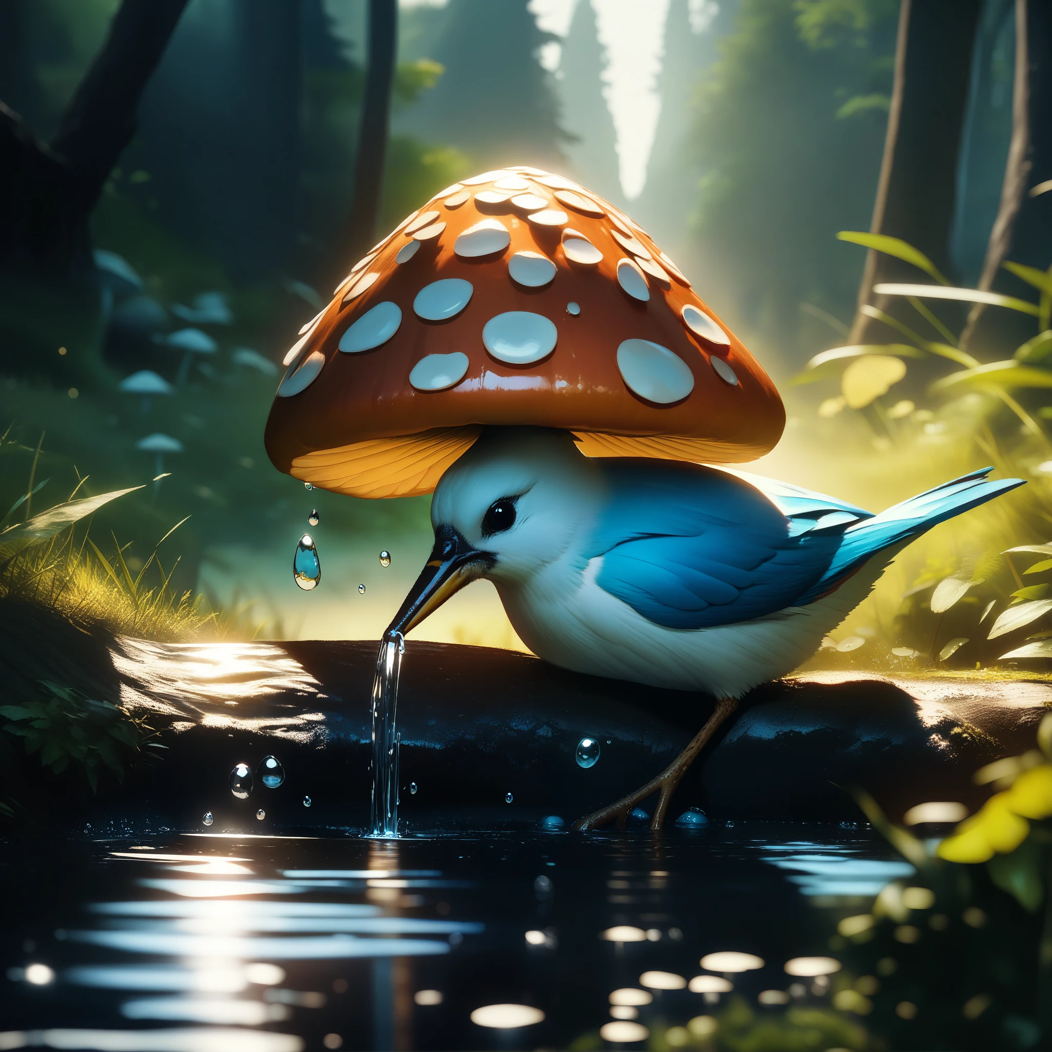 32k, best quality, ultra high res, HDR, UHD, extremely detailed CG, unity 32k wallpaper, masterpiece, Macro photo of a bird drinking water in the forest, evening, mushroom, Dew Drops, High Contrast, Studio Ghibli style, Very complex, Very detailed, Photorealistic Style, 
