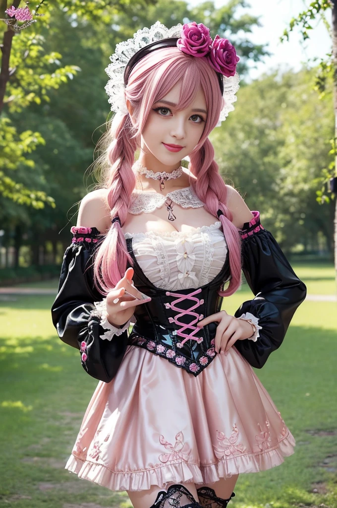 sexy stylish Swedish model, only 1 female, ((doll-like appearance)), long neon pink stylish hair, ((shiny Victorian-Style boots)), (big smile), very detailed eyes, very detailed eye makeup, lipgloss, long lashes, defined eyebrows, ((sexy Paradise Kiss cosplay)), bell-shaped skirt, petticoats, high neckline, puffed sleeves, (( ultra detailed lace)), ((ultra detailed embroidery)), intricate details, Paradise Kiss accessoires and matching headpiece, choker, ((large sparkling Paradise Kiss jewelry)), cinematic light, detailed large park background with trees