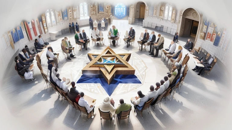 there is a drawing of a star of David in a circle of people, por Hristofor Zhefarovich, por Israel Tsvaygenbaum, in the meio do dia, meio do dia, por David Rubin, round dance, por Yehia Dessouki, por Edward Ben Avram, a harmonious integration, por Henrik Weber. deixe as pessoas mais proximas a mesa