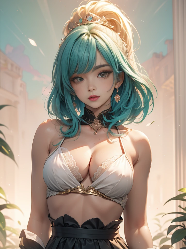 Full body photo, 1woman, sexy slut, slutty thick curvy body, small breast, royal outfit, long bulma hair, pastel color scheme