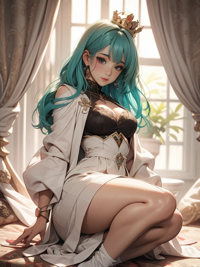 Full body photo, 1woman, sexy slut, slutty thick curvy body, small breast, royal outfit, long bulma hair, pastel color scheme