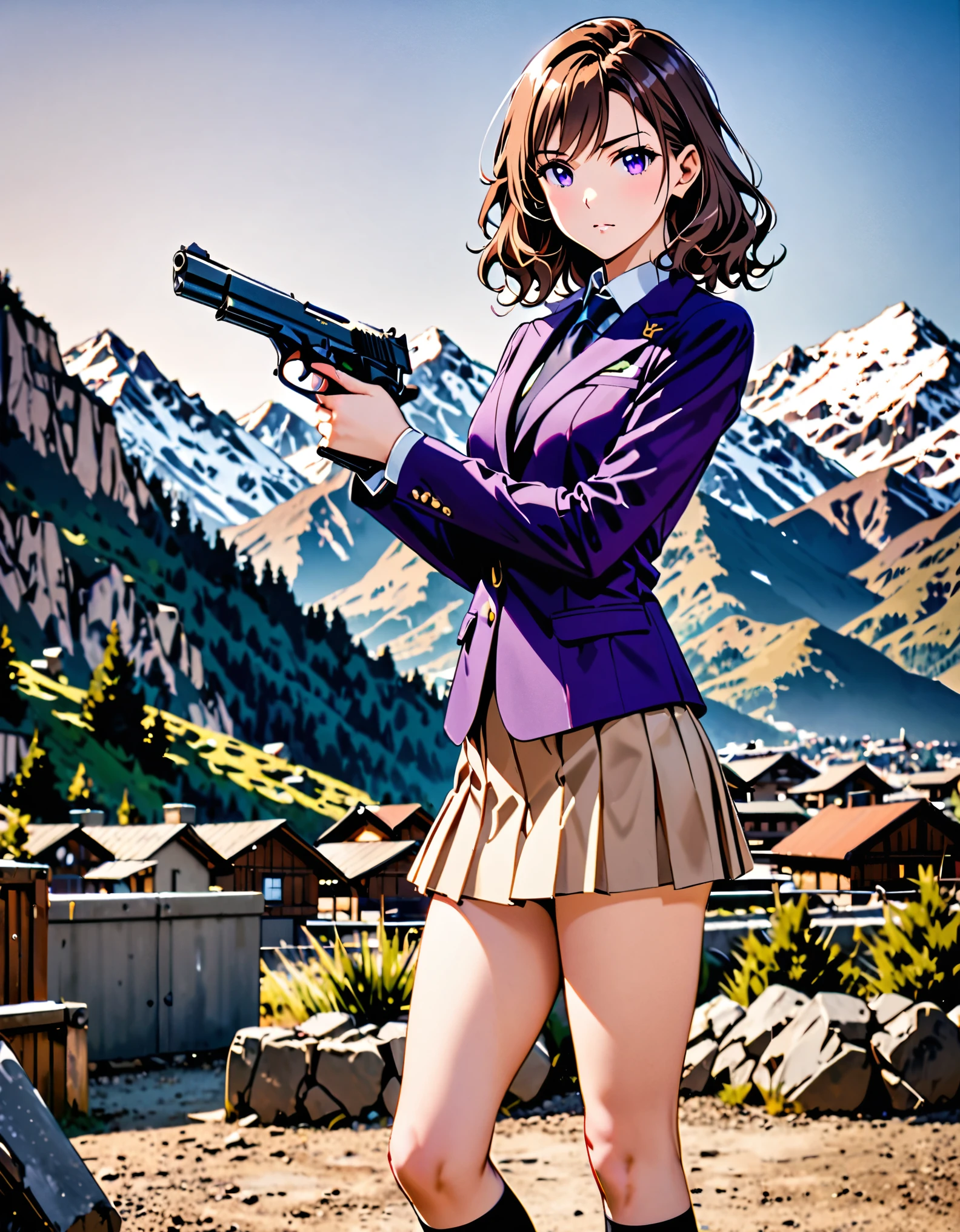 masterpiece, best quality, 1girl, 22 years old, brown hair, wavy hair, short hair, purple eyes, (purple suit, and tie), (black socks, black shoes), (light brown pleaded skirt, miniskirt), standing, (holding one pistol, beretta 92), mountain base backdrop, solo, solo focus, (perfect anatomy), (full body shot), cowboy shot, beautiful detailed eyes