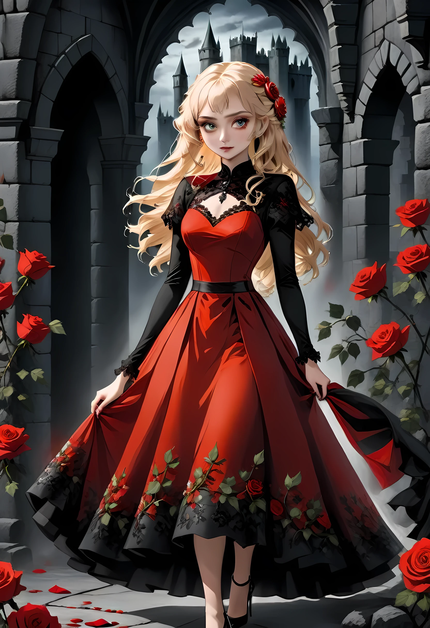 Dark fantasy art, fantasy art, goth art,  a picture of a female vampire, exquisite beauty, full body shot, dark glamour shot,  pale white skin, blond hair, long hair, wavy hair, (glowing grey: 1.3) eyes,  she  wears a (red: 1.3) red dress, ArmoredDress, the roses are imprinted on the dress (black: 1.4)  black roses, high heels, dark castle, dark, black and color, Dark Art Painting Style, flower dress