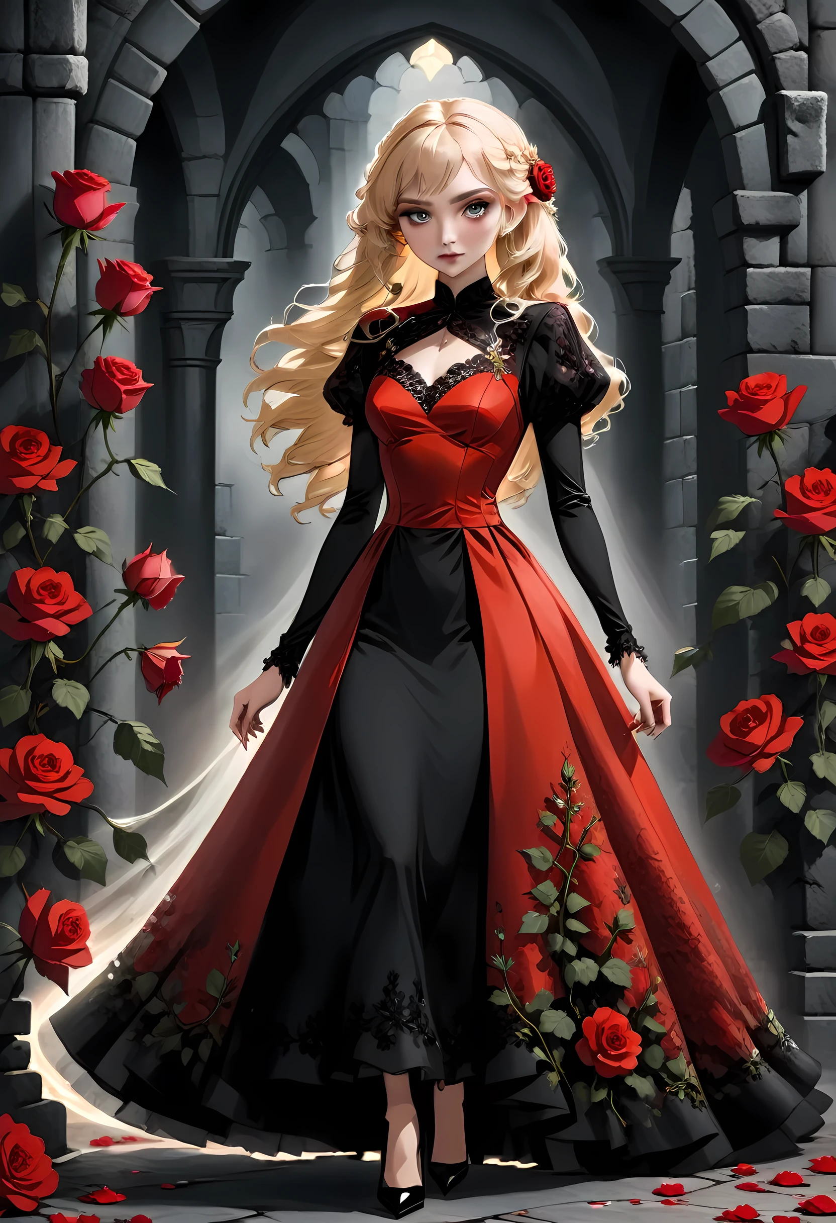 Dark fantasy art, fantasy art, goth art,  a picture of a female vampire, exquisite beauty, full body shot, dark glamour shot,  pale white skin, blond hair, long hair, wavy hair, (glowing grey: 1.3) eyes,  she  wears a (red: 1.3) red dress, ArmoredDress, the roses are imprinted on the dress (black: 1.4)  black roses, high heels, dark castle, dark, black and color, Dark Art Painting Style, flower dress